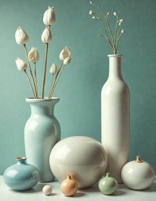 The primary subject of the image is a collection of vases and a bottle, which are displayed on a table. The setting is a blue background, and the visual style appears to be a photo. The colors and mood of the image are predominantly blue and calm, creating a serene atmosphere.